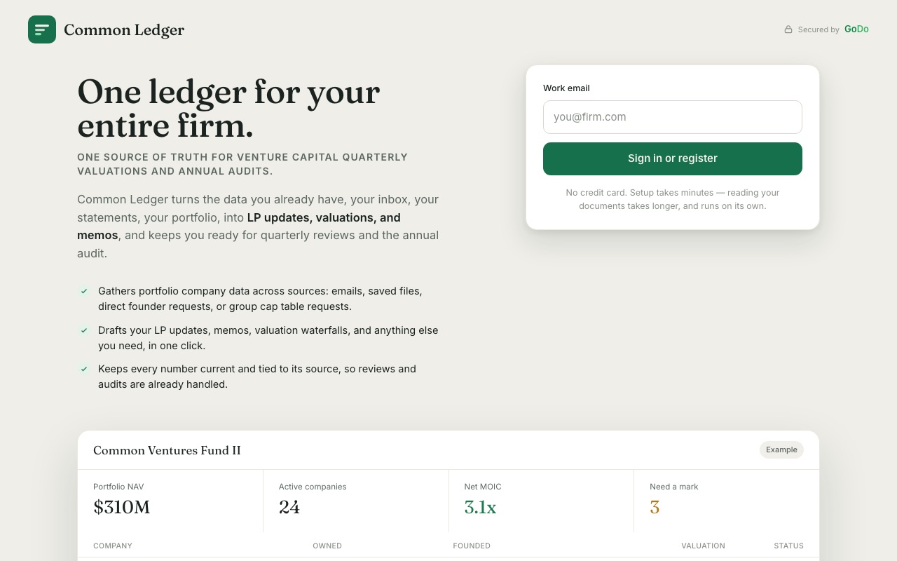 Common Ledger sign-in page with an example fund dashboard
