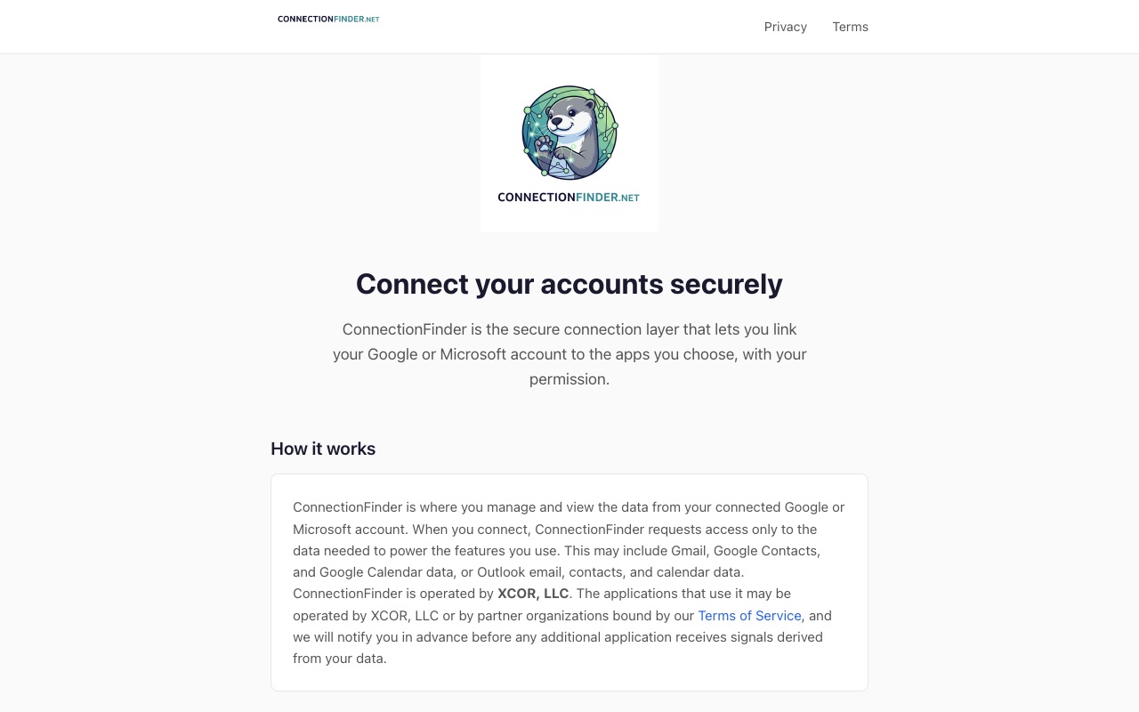 ConnectionFinder home page: Connect your accounts securely