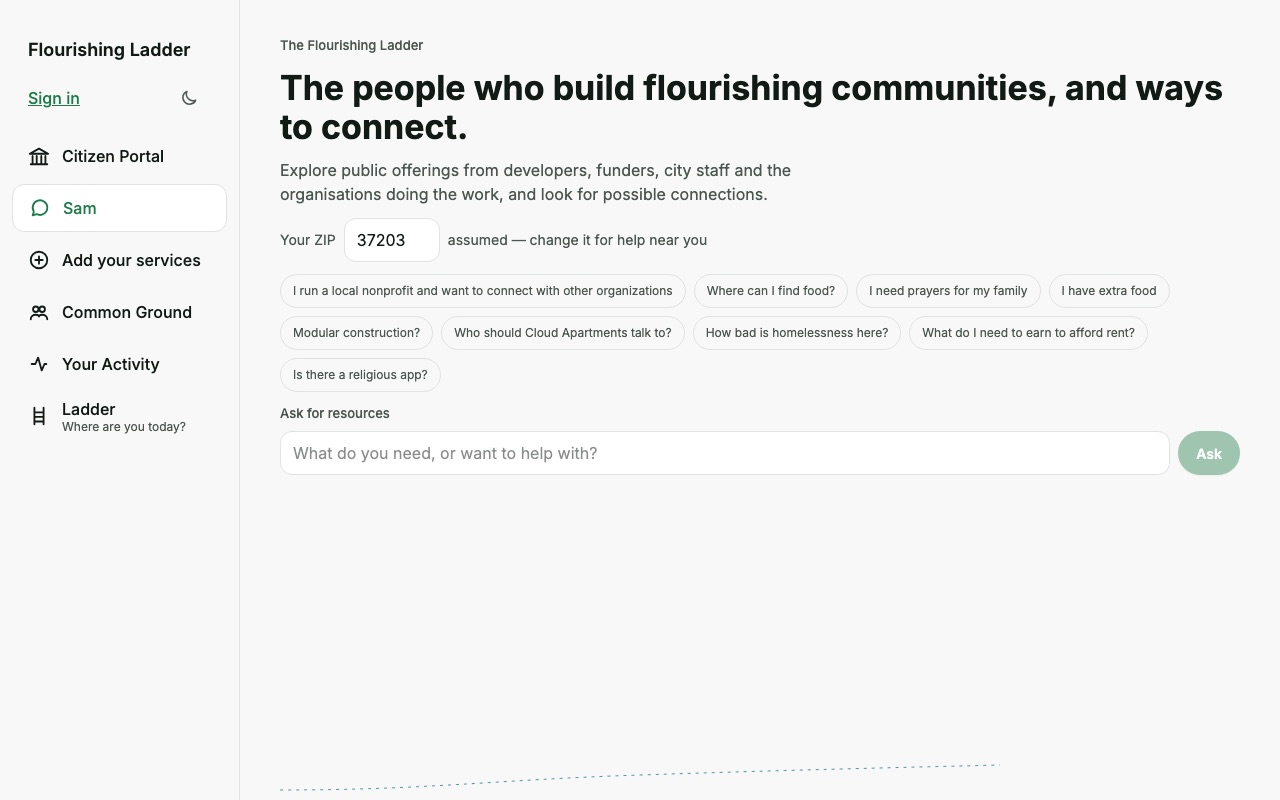 Flourishing Ladder home page with ZIP code and suggested questions