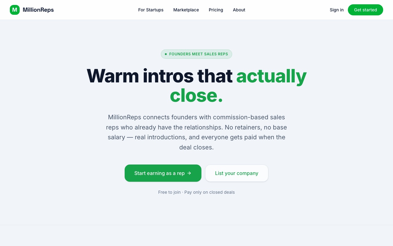 MillionReps home page: Warm intros that actually close