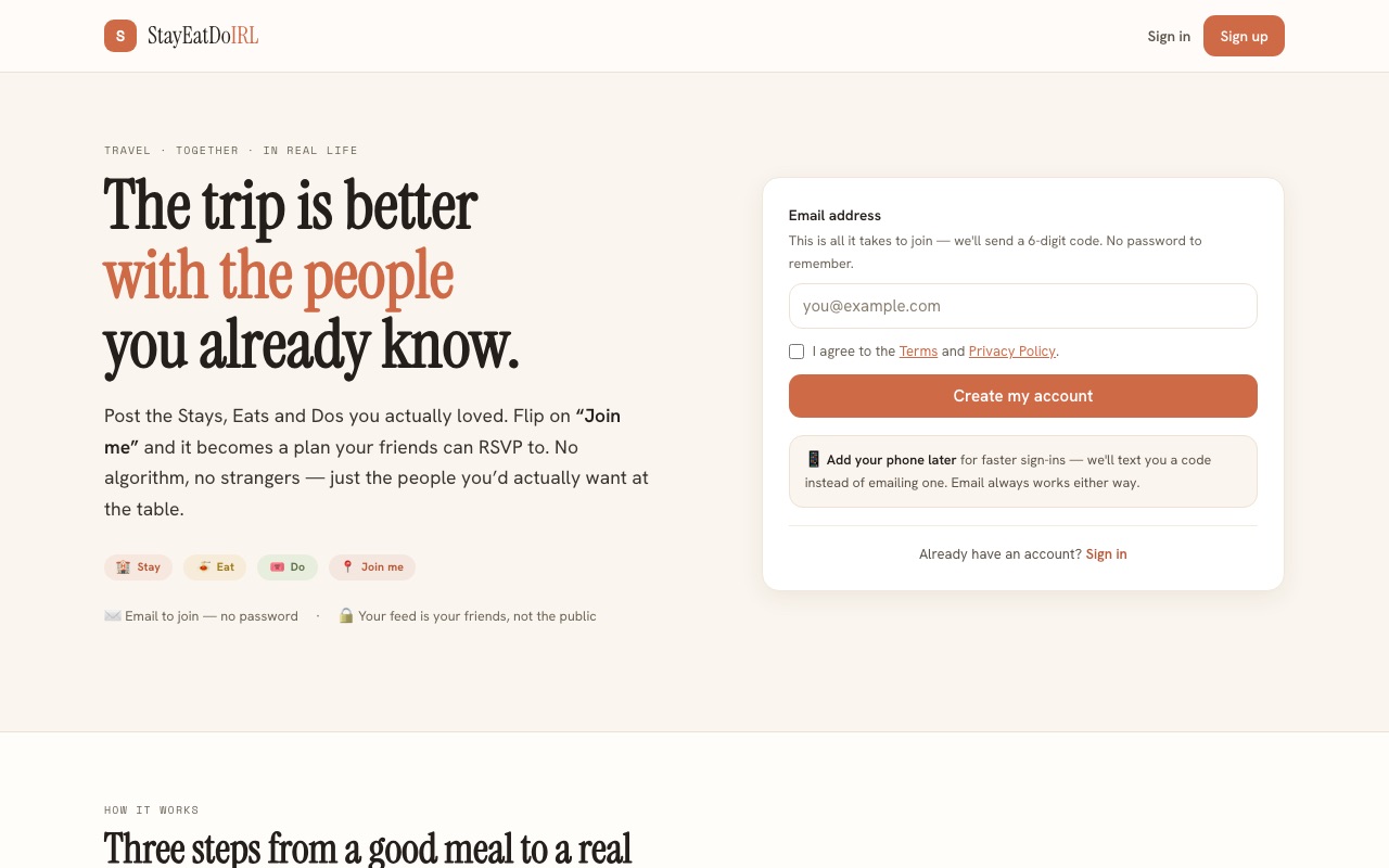 StayEatDoIRL home page and sign-up form